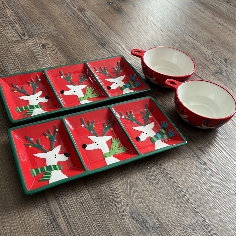 Ganz Christmas Holiday Winter Reindeer Serving Trays and Bowls Set